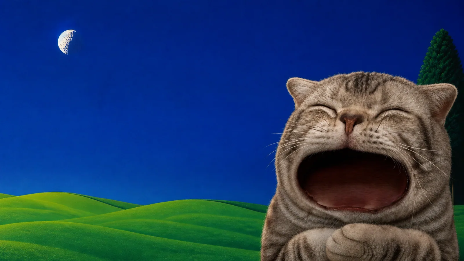 A painting of Yawning Cat over green hills under a deep blue sky